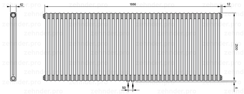 Схема (чертеж) Радиатор Zehnder Charleston 2250/41 №5410 Белый глянцевый RAL 9016